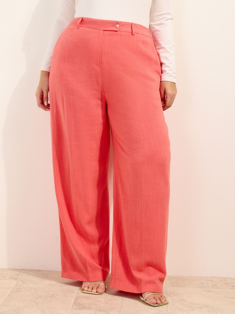 Friends Like These Coral Pink Curve Wide Leg Trousers with Linen - Image 2 of 4 Friends Like These Coral Pink Curve Wide Leg Trousers with Linen - Image 2 of 4