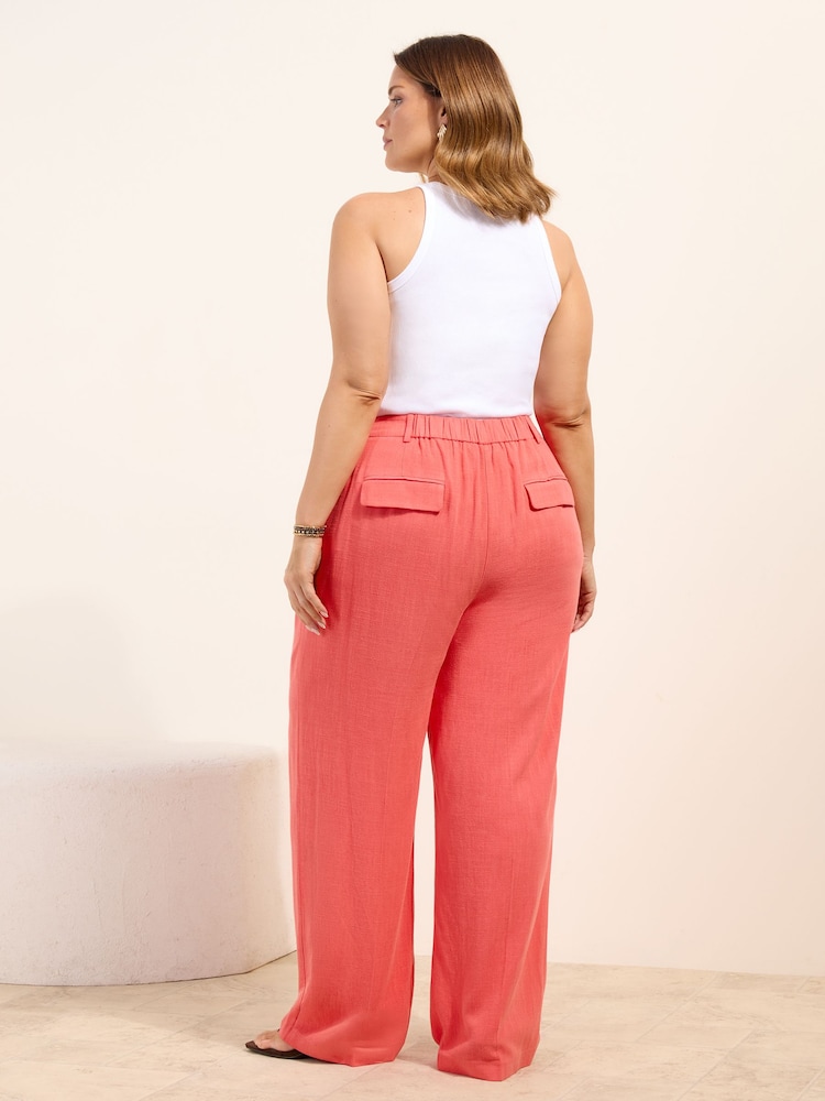 Friends Like These Coral Pink Curve Wide Leg Trousers with Linen - Image 4 of 4 Friends Like These Coral Pink Curve Wide Leg Trousers with Linen - Image 4 of 4