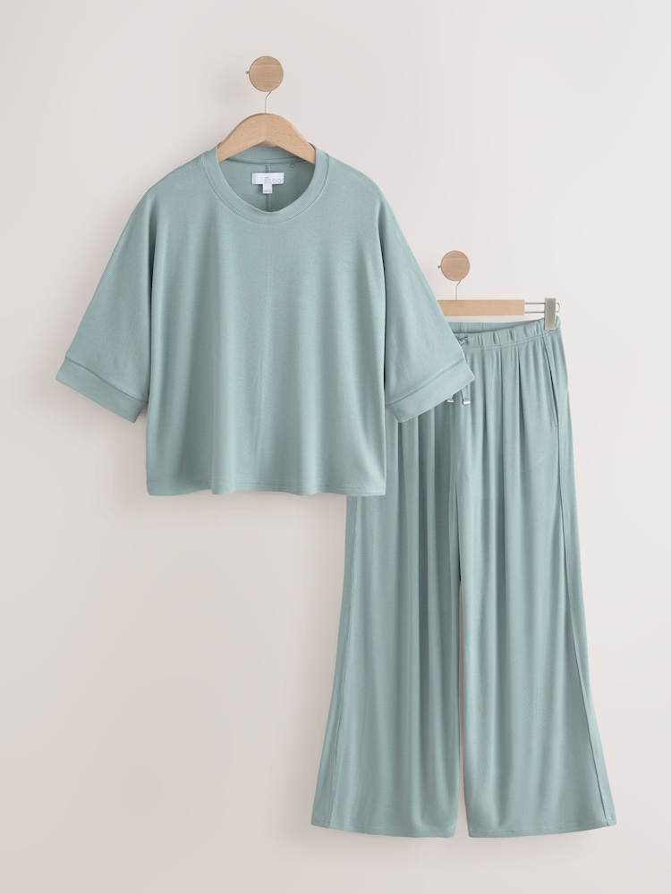 Pale Blue Ribbed Short Sleeve Pyjamas - Image 1 of 5