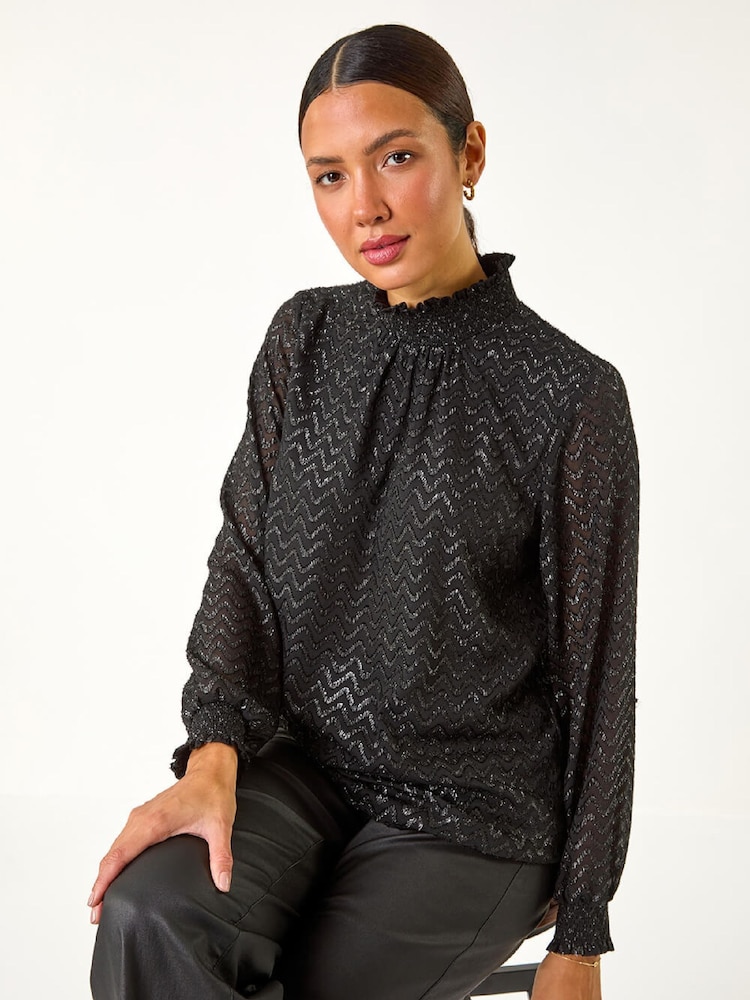 Roman Black Zig Zag Shimmer High Neck Blouse - Image 2 of 5