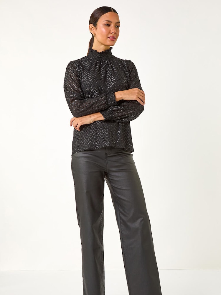 Roman Black Zig Zag Shimmer High Neck Blouse - Image 5 of 5