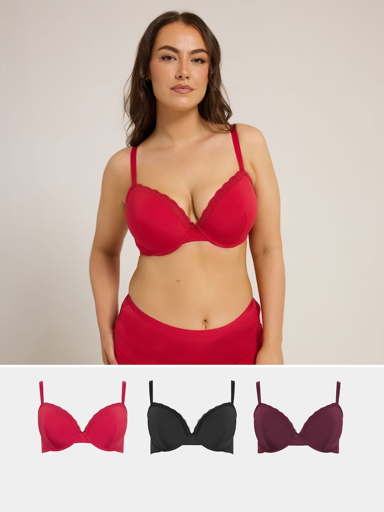 Yours Curve Red Lace Trim Padded Bras 3 Pack - Image 1 of 8 Yours Curve Red Lace Trim Padded Bras 3 Pack - Image 1 of 8