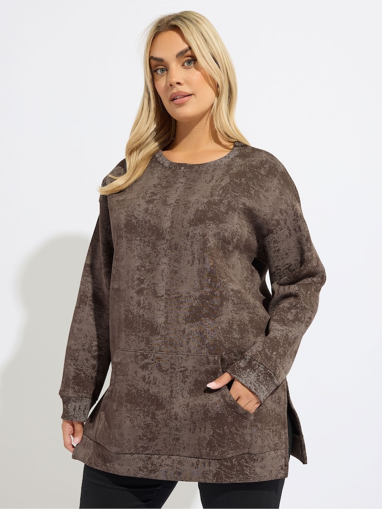 Yours Curve Brown Abstract Pocket Sweatshirt - Image 1 of 5 Yours Curve Brown Abstract Pocket Sweatshirt - Image 1 of 5