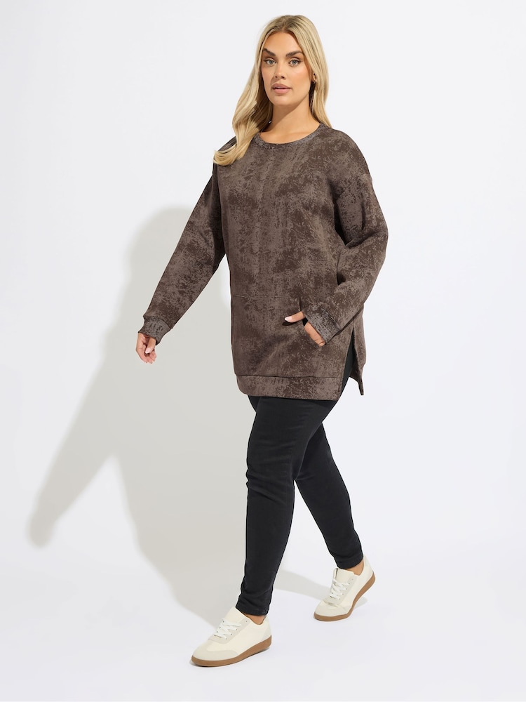 Yours Curve Brown Abstract Pocket Sweatshirt - Image 2 of 5