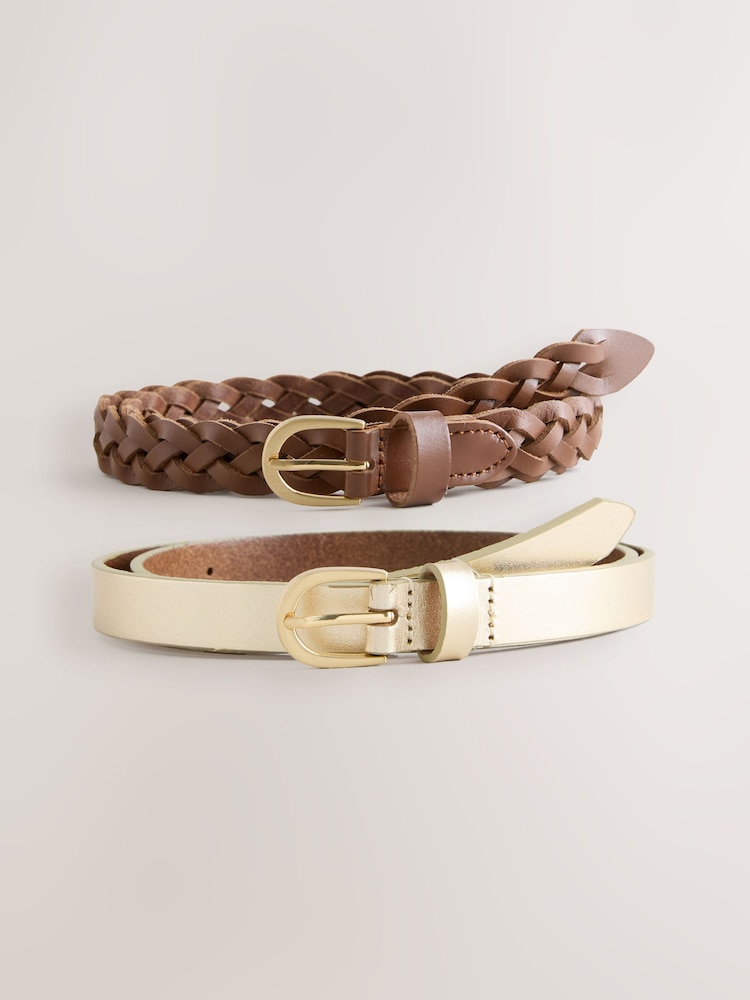 Tan Plait/Gold - Skinny Plait & Leather Belts 2 Pack - Bild 1 von 5