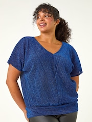 Roman Blue Curve Metallic Plisse Banded Tunic Top - Image 1 of 5