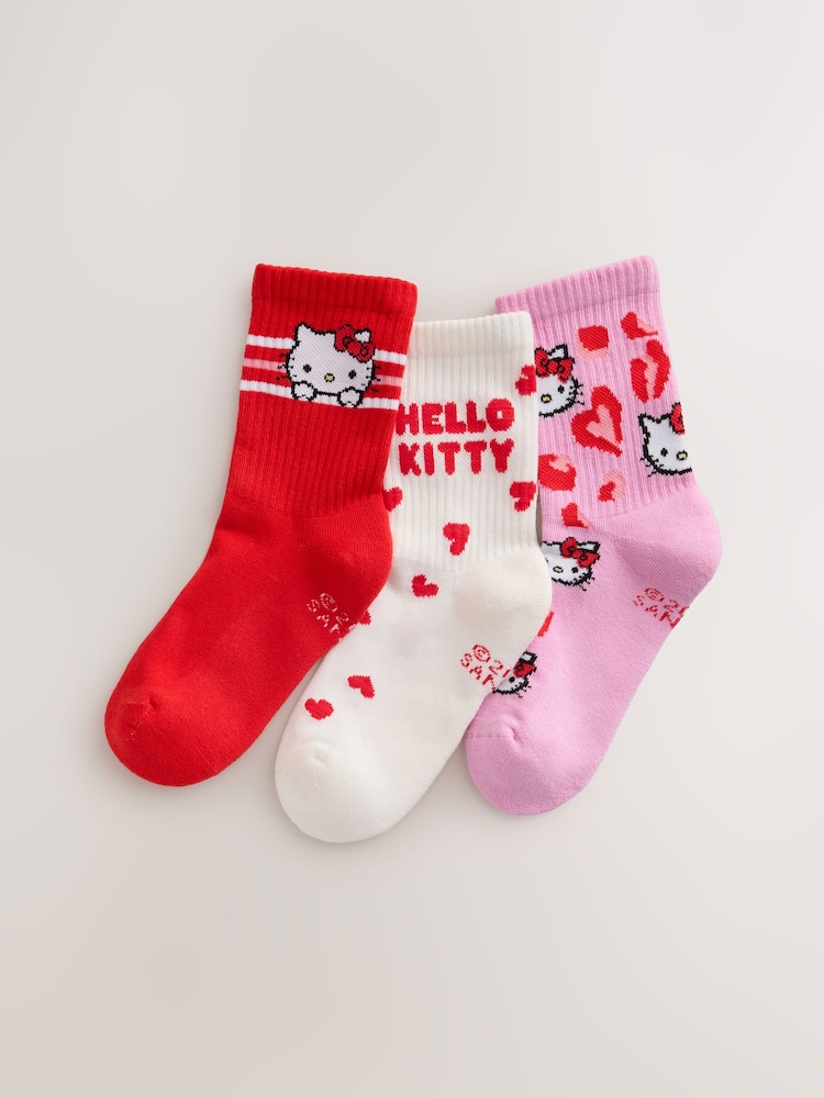 Pink, Red and White Hello Kitty Ribbed Cushioned Sole Ankle Socks 3 Pack - Image 1 of 3