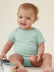 MORI Green Ribbed Stretch Short Sleeve Envelope Neckline Bodysuit - Image 1 of 2