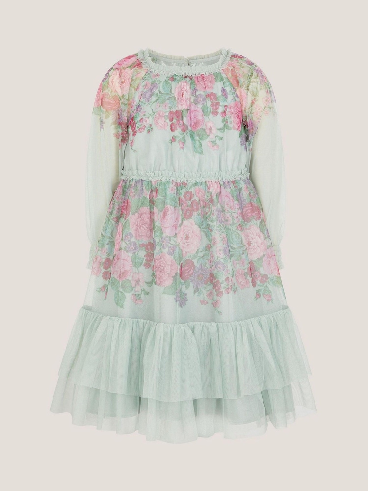 Monsoon Green Nadia Long Sleeve Floral Tulle Party Dress - Image 2 of 4 Monsoon Green Nadia Long Sleeve Floral Tulle Party Dress - Image 2 of 4