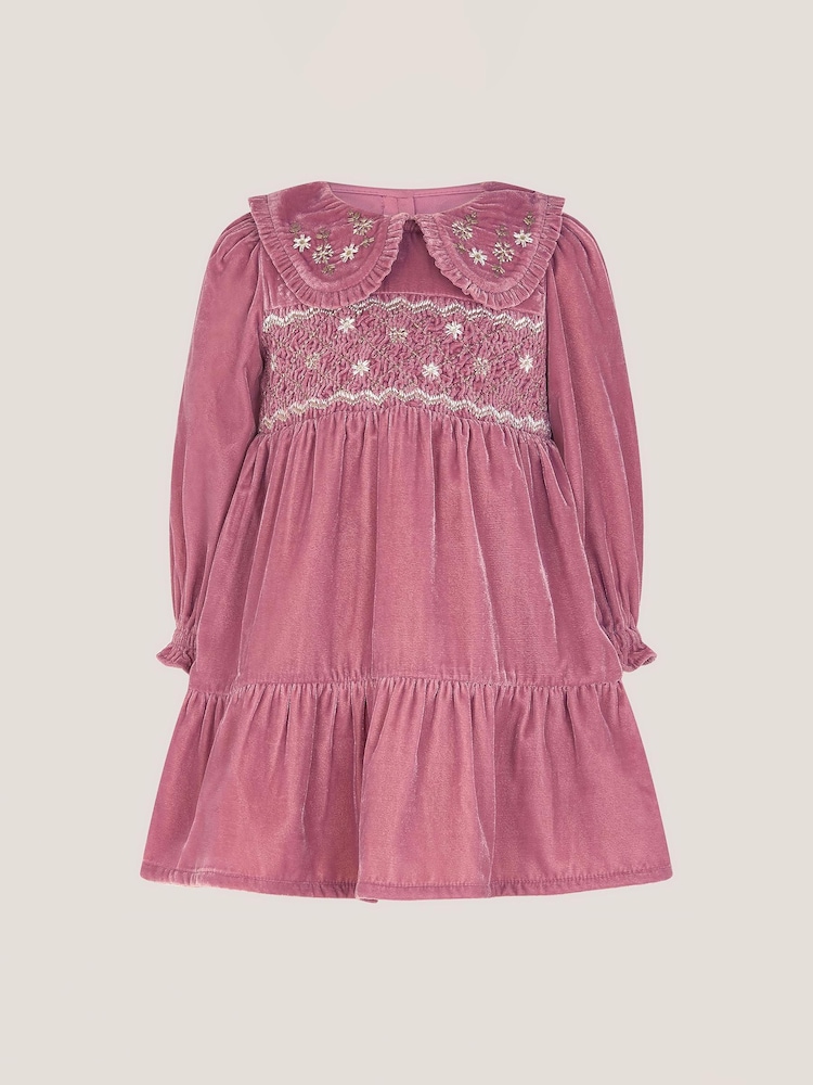 Monsoon Pink Baby Floral Embroidered Velvet Dress - Image 1 of 3