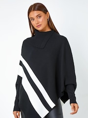 Roman Black Roll Neck Wool Blend Stripe Poncho - Image 1 of 5