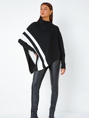 Roman Black Roll Neck Wool Blend Stripe Poncho - Image 3 of 5