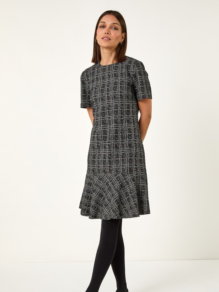 Roman Black Textured Frill Hem Stretch Dress - Image 1 of 5