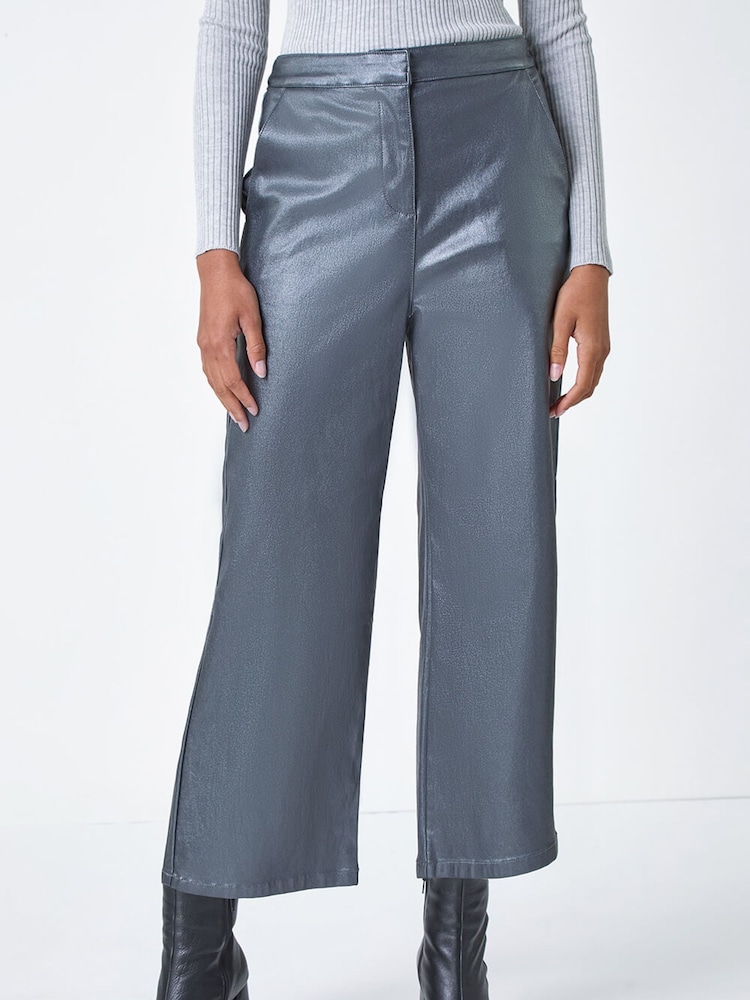 Roman Metallic Metallic Coated Wide Leg Cropped Trousers - Image 1 of 5