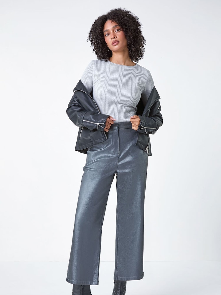 Roman Metallic Metallic Coated Wide Leg Cropped Trousers - Image 2 of 5 Roman Metallic Metallic Coated Wide Leg Cropped Trousers - Image 2 of 5