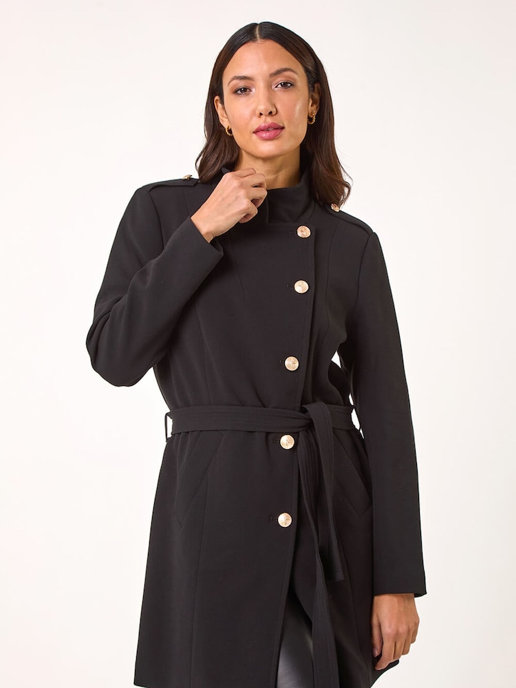Roman Black Funnel Neck Buttoned Coat - Image 1 of 5 Roman Black Funnel Neck Buttoned Coat - Image 1 of 5