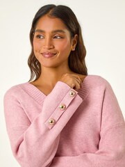 Roman Pink Button Detail V-Neck Jumper - Image 2 of 5