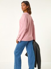 Roman Pink Button Detail V-Neck Jumper - Image 4 of 5