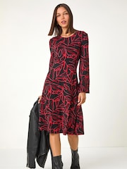 Roman Red Leaf Print Stretch Tea Dress - Image 1 of 5