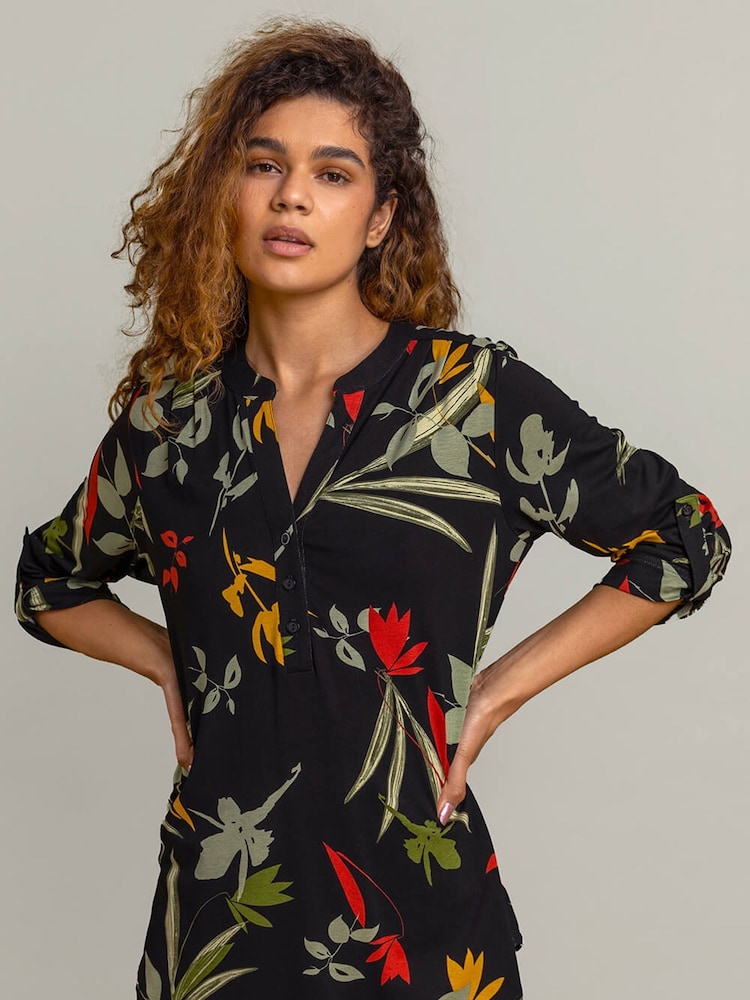Roman Black Floral Print Notch Neck Blouse - Image 1 of 5 Roman Black Floral Print Notch Neck Blouse - Image 1 of 5