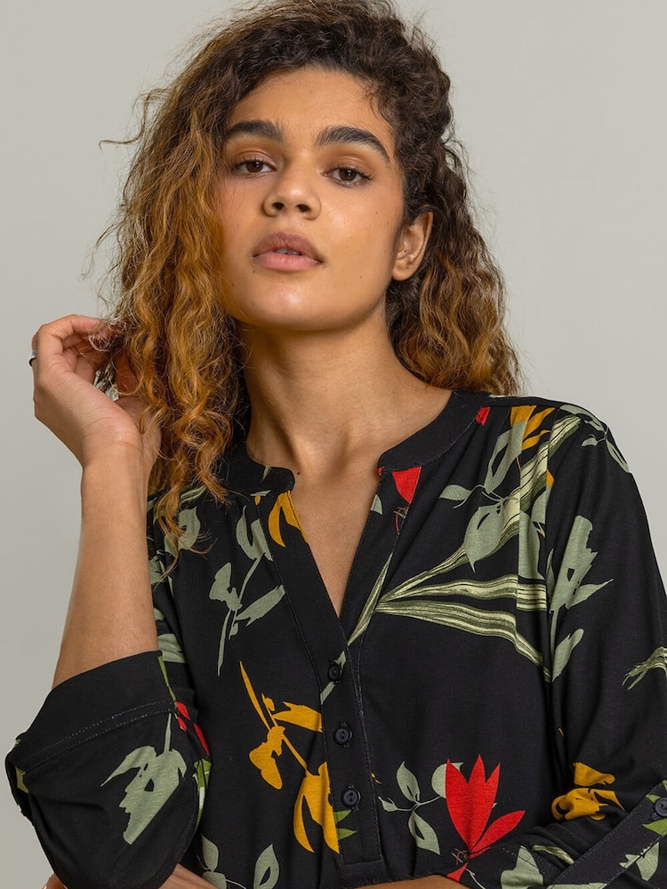 Roman Black Floral Print Notch Neck Blouse - Image 5 of 5 Roman Black Floral Print Notch Neck Blouse - Image 5 of 5