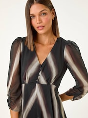 Roman Black Stripe Print V-Neck Hanky Hem Midi Dress - Image 3 of 5
