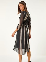 Roman Black Stripe Print V-Neck Hanky Hem Midi Dress - Image 5 of 5