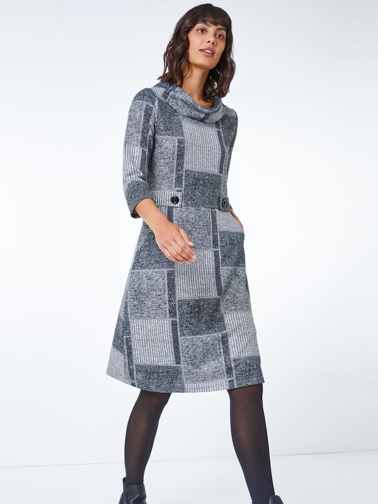 Roman Patchwork Cowl Neck Button Detail Dress - Slika 1 iz 4
