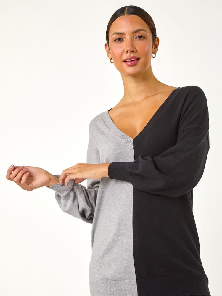 Roman Grey V-Neck Colour Block Knit Jumper - Image 1 of 5 Roman Grey V-Neck Colour Block Knit Jumper - Image 1 of 5