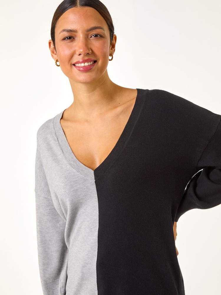 Roman Grey V-Neck Colour Block Knit Jumper - Image 5 of 5 Roman Grey V-Neck Colour Block Knit Jumper - Image 5 of 5