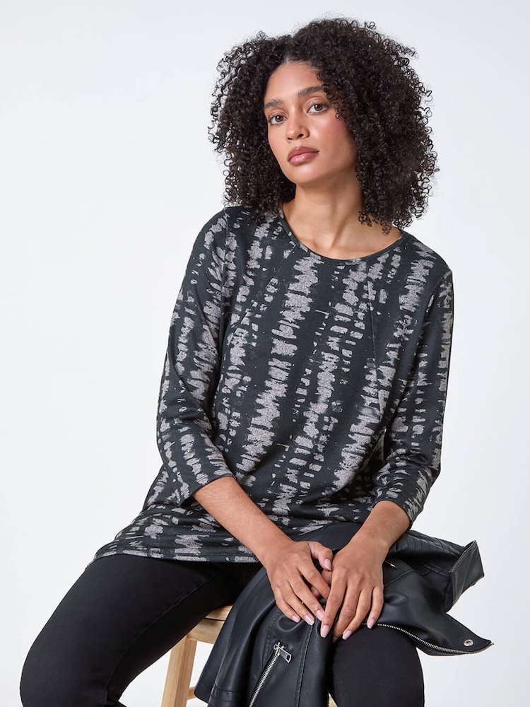 Roman Grey Abstract Print Tunic Pocket Stretch Top - Image 1 of 5