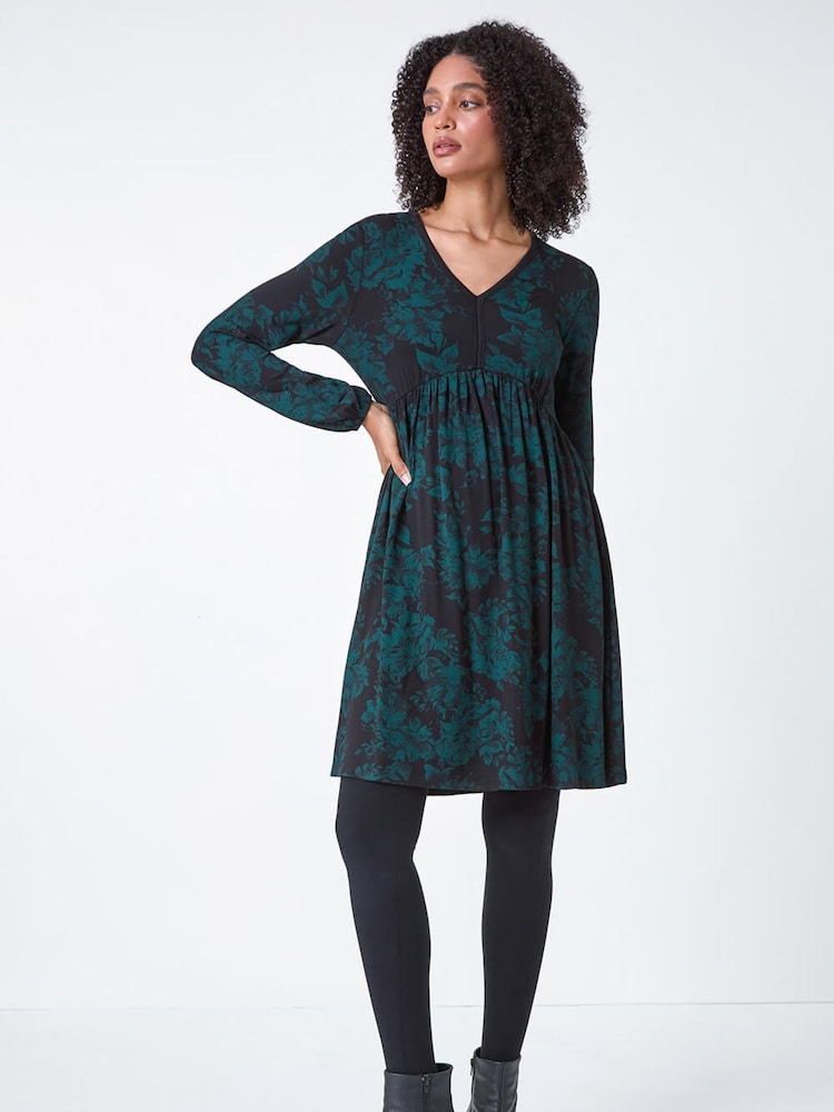 Roman Green Floral Contrast Trim Stretch Dress - Image 1 of 5