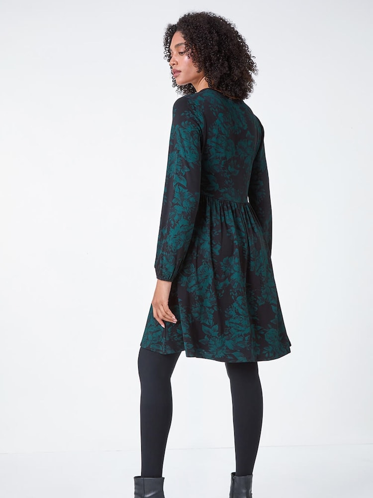 Roman Green Floral Contrast Trim Stretch Dress - Image 2 of 5