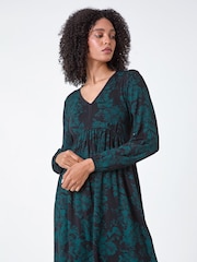 Roman Green Floral Contrast Trim Stretch Dress - Image 5 of 5