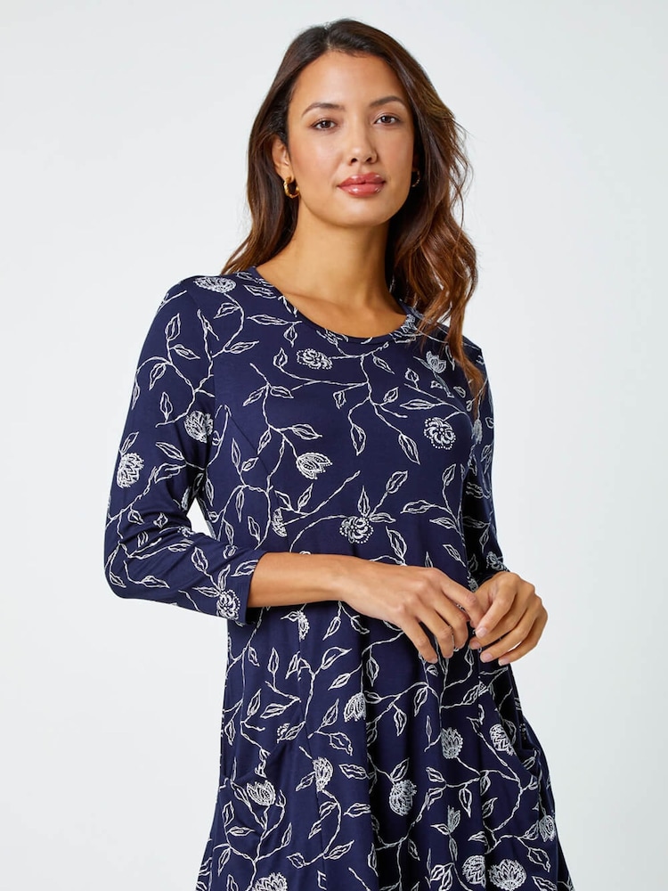 Roman Blue Floral Print Pocket Swing Stretch Blouse - Image 1 of 5 Roman Blue Floral Print Pocket Swing Stretch Blouse - Image 1 of 5