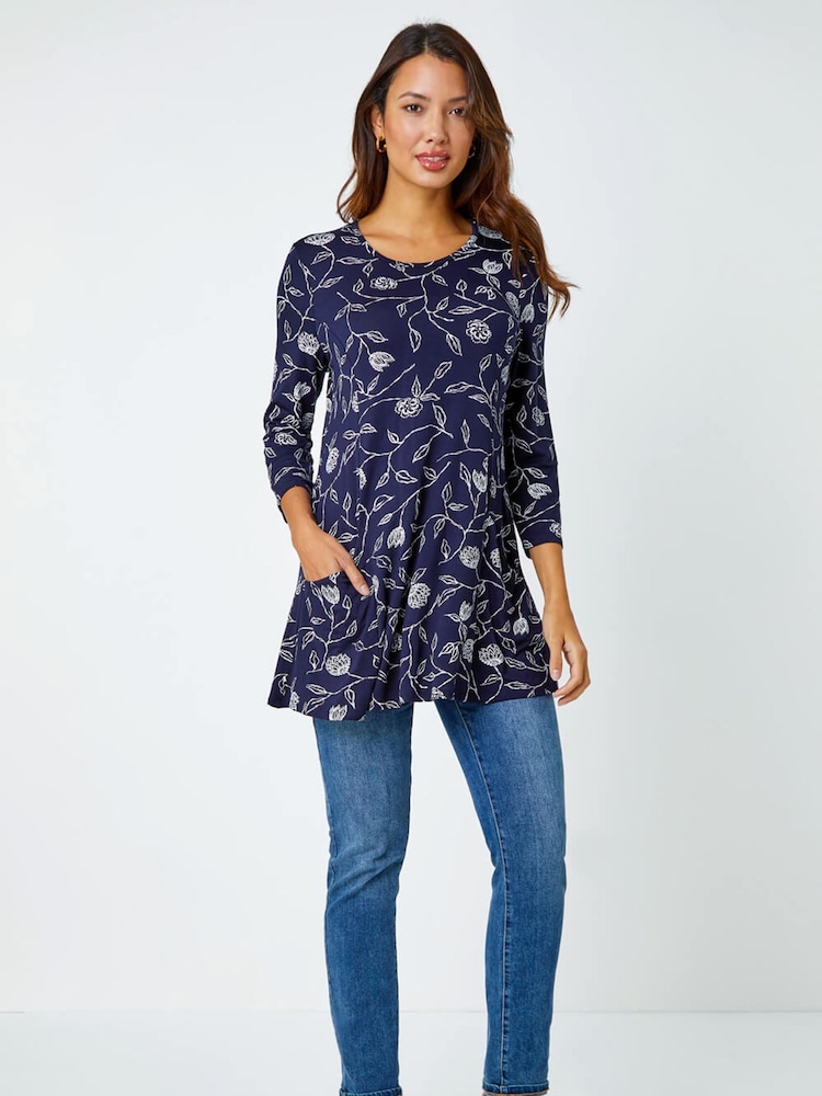 Roman Blue Floral Print Pocket Swing Stretch Blouse - Image 2 of 5