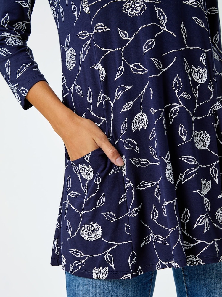 Roman Blue Floral Print Pocket Swing Stretch Blouse - Image 5 of 5