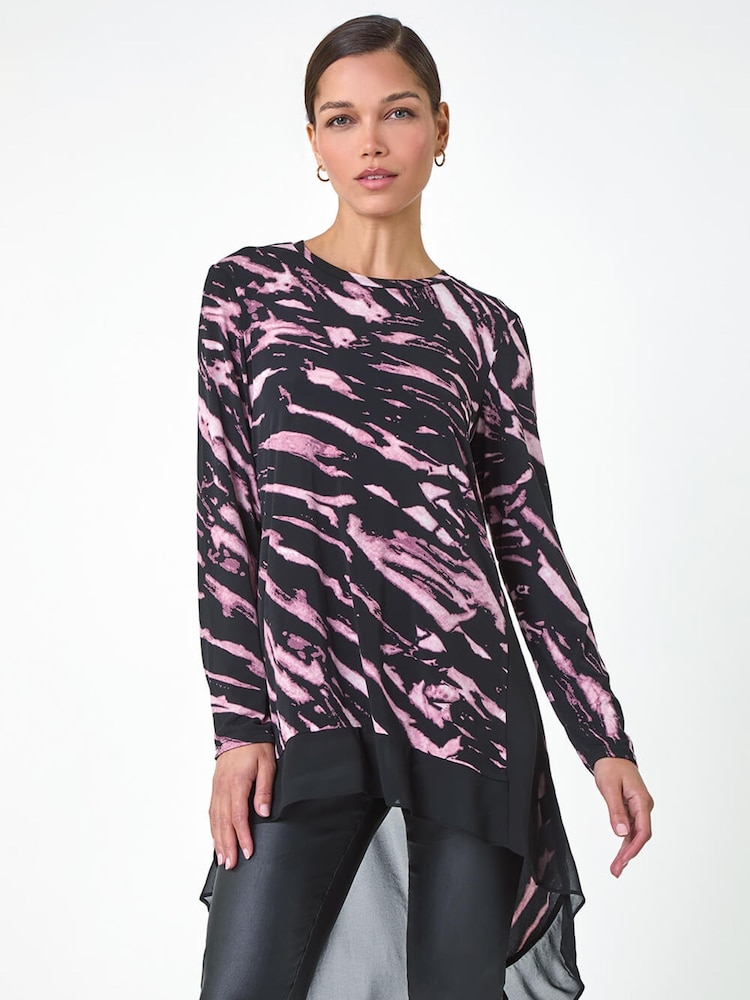 Roman Pink Abstract Print Chiffon Hem Tunic Top - Image 1 of 5