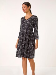 Roman Black Spot Print Button Detail V-Neck Dress - Image 1 of 4