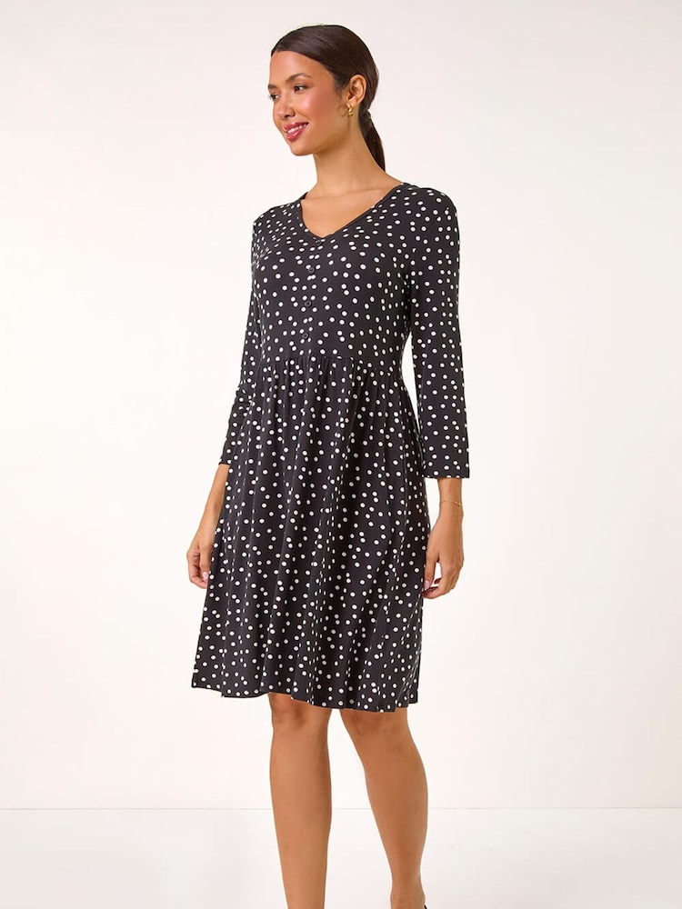 Roman Black Spot Print Button Detail V-Neck Dress - Image 1 of 4