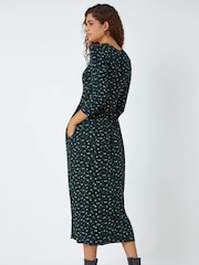 Roman Black Ditsy Floral Ruched Pocket Midi Dress - Image 3 of 5