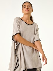 Roman Brown Blanket Stitch Knit Poncho - Image 1 of 5