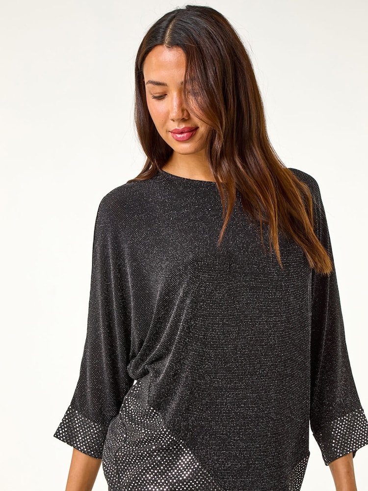 Roman Black Contrast Sparkle Stretch Tunic Top - Image 1 of 5 Roman Black Contrast Sparkle Stretch Tunic Top - Image 1 of 5