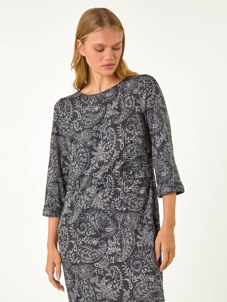 Roman Grey Paisley Button Detail Shift Dress - Image 1 of 5 Roman Grey Paisley Button Detail Shift Dress - Image 1 of 5