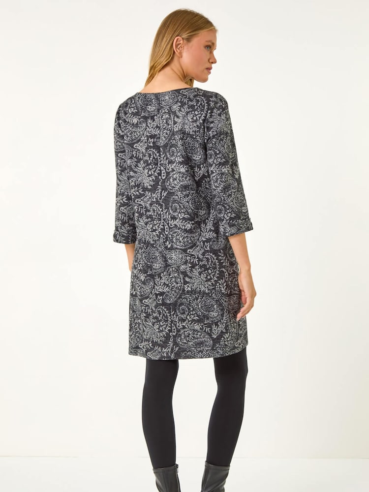 Roman Grey Paisley Button Detail Shift Dress - Image 2 of 5 Roman Grey Paisley Button Detail Shift Dress - Image 2 of 5