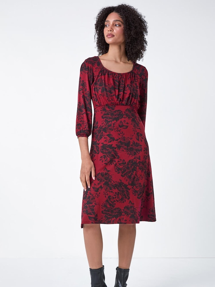 Roman Red Floral Print Stretch Jersey Dress - Image 1 of 5 Roman Red Floral Print Stretch Jersey Dress - Image 1 of 5