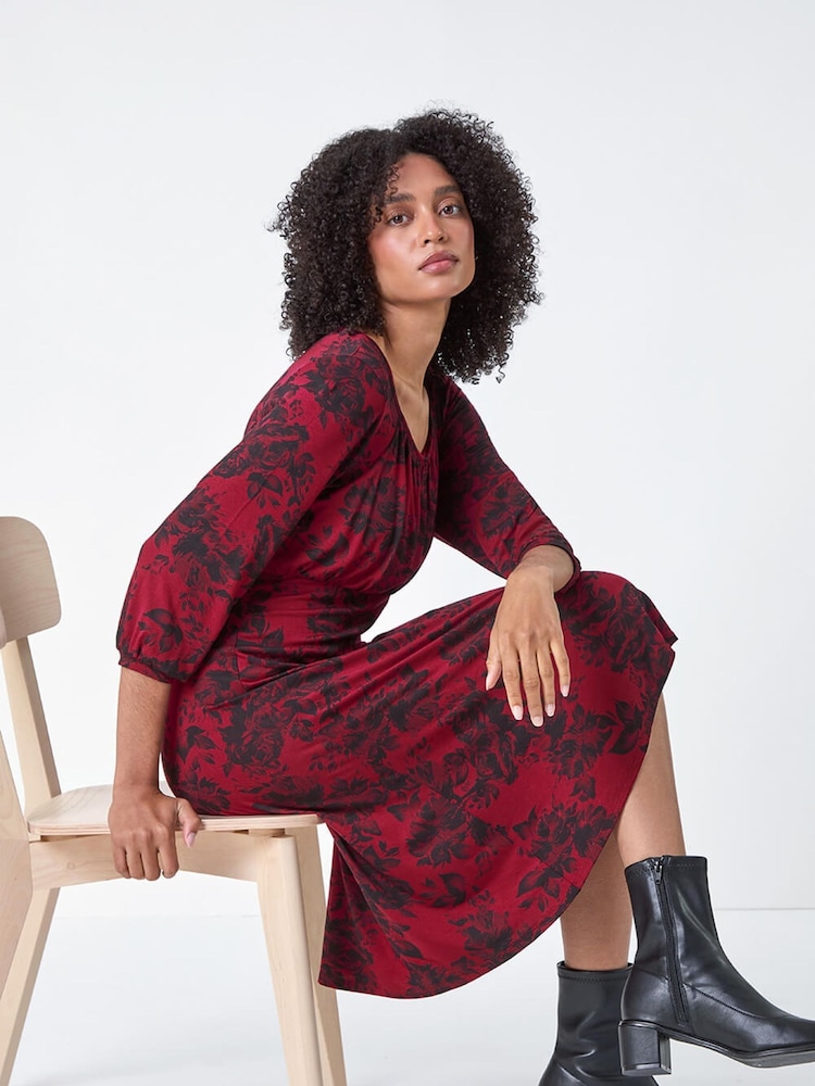 Roman Red Floral Print Stretch Jersey Dress - Image 5 of 5 Roman Red Floral Print Stretch Jersey Dress - Image 5 of 5