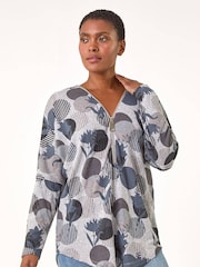 Roman Grey Spot Print V-Neck Zip Front Stretch Blouse - Image 1 of 5