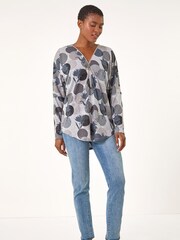 Roman Grey Spot Print V-Neck Zip Front Stretch Blouse - Image 4 of 5
