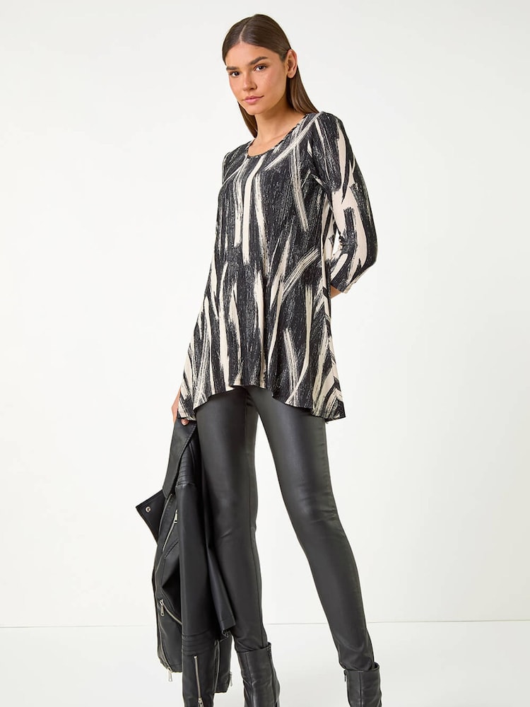 Roman Natural Brush Print Hanky Hem Stretch Tunic Top - Image 5 of 5